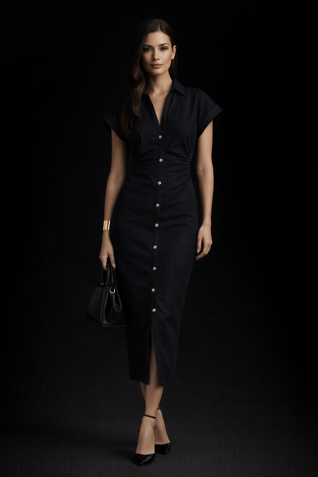 Denim Midi Dress with Lapel Collar