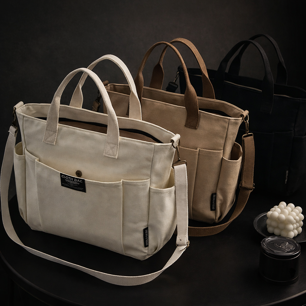 Urban Minimalist Female Student Large Capacity Commuting Horizontal Canvas Single Shoulder Diagonal Cross Portable Tote Bag