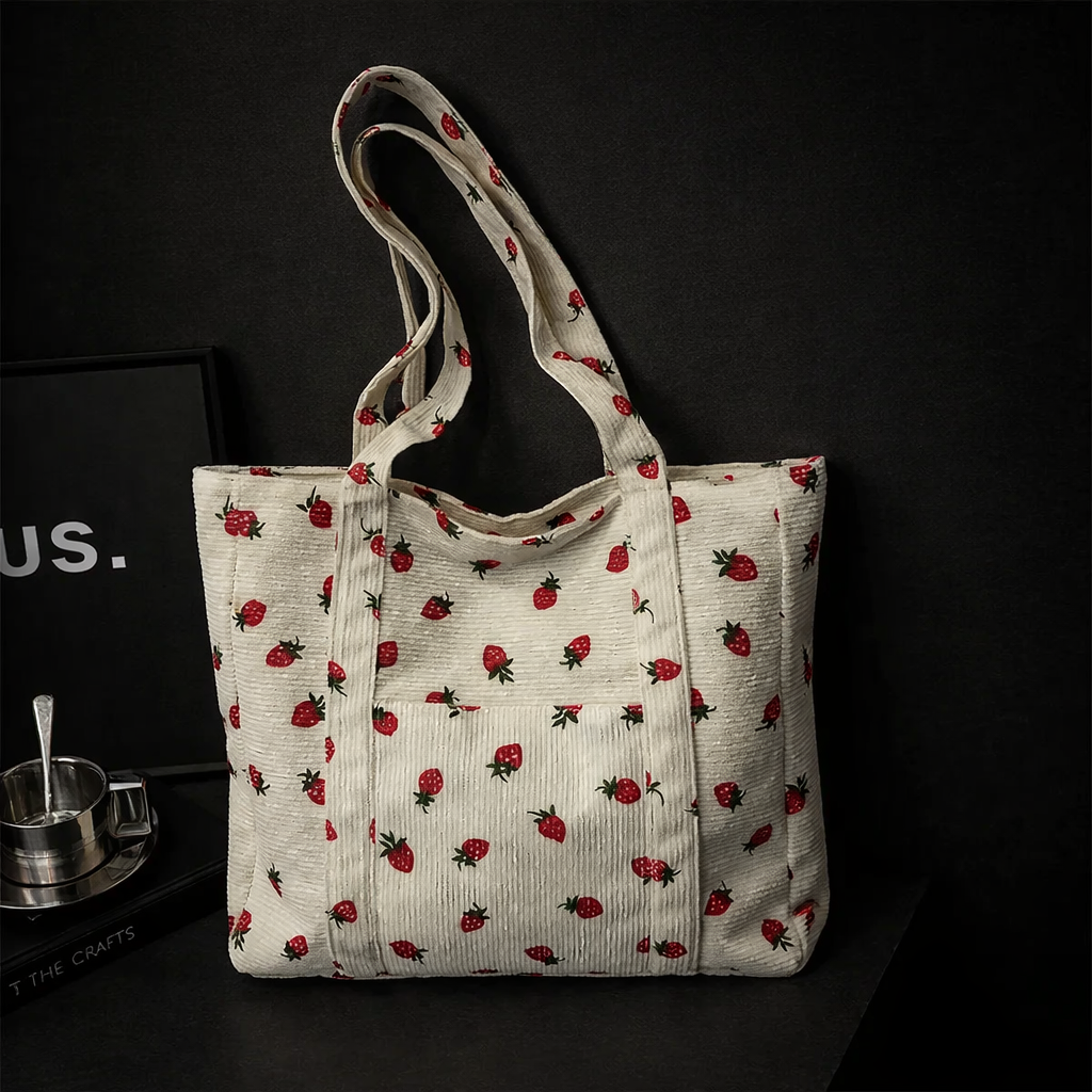 Corduroy Handbag Strawberries Beach Bag Fashionable Versatile Shoulder Bag LargeCapacity Simple Commuter Women's Tote Bag Bolsos