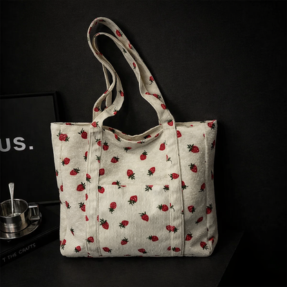 Corduroy Handbag Strawberries Beach Bag Fashionable Versatile Shoulder Bag LargeCapacity Simple Commuter Women's Tote Bag Bolsos