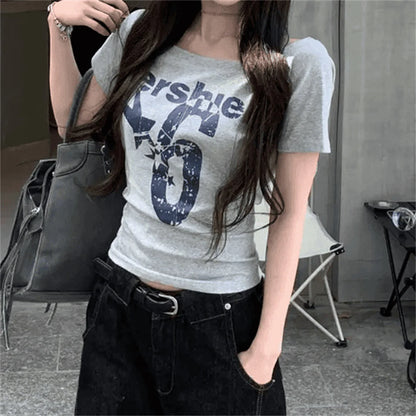 Y2k Sport Summer Off shoulder Top Women Letter Sexy Vintage 2000s Short sleeve T shirt Lady Body Basic Crop Top Female Casual