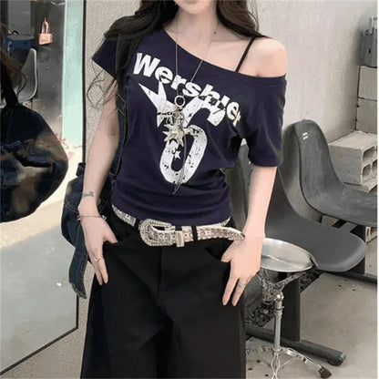 Y2k Sport Summer Off shoulder Top Women Letter Sexy Vintage 2000s Short sleeve T shirt Lady Body Basic Crop Top Female Casual