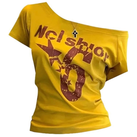 Y2k Sport Summer Off shoulder Top Women Letter Sexy Vintage 2000s Short sleeve T shirt Lady Body Basic Crop Top Female Casual