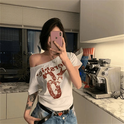 Y2k Sport Summer Off shoulder Top Women Letter Sexy Vintage 2000s Short sleeve T shirt Lady Body Basic Crop Top Female Casual