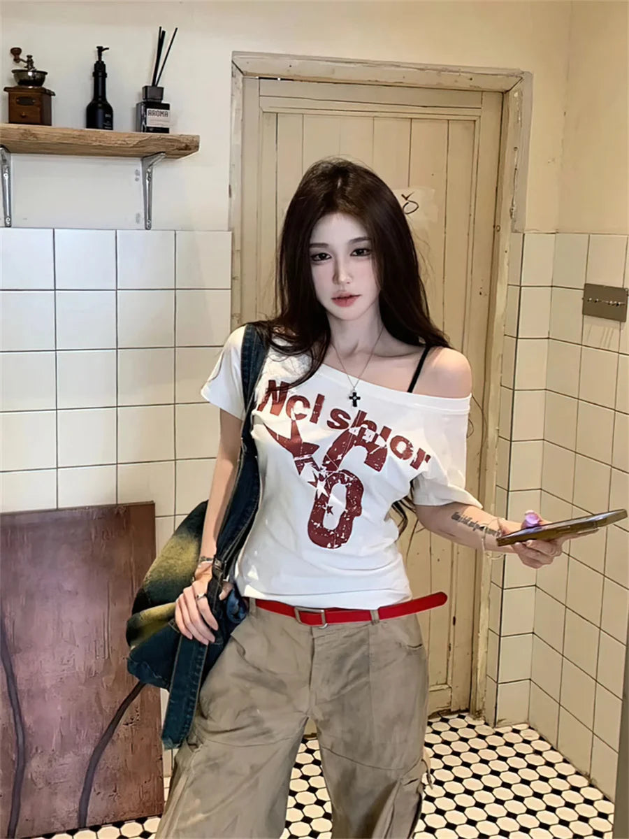 Y2k Sport Summer Off shoulder Top Women Letter Sexy Vintage 2000s Short sleeve T shirt Lady Body Basic Crop Top Female Casual