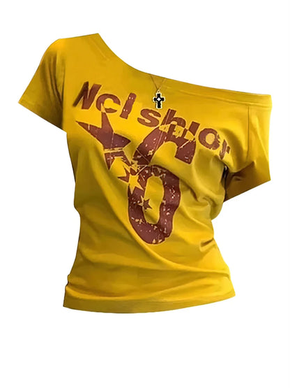 Y2k Sport Summer Off shoulder Top Women Letter Sexy Vintage 2000s Short sleeve T shirt Lady Body Basic Crop Top Female Casual
