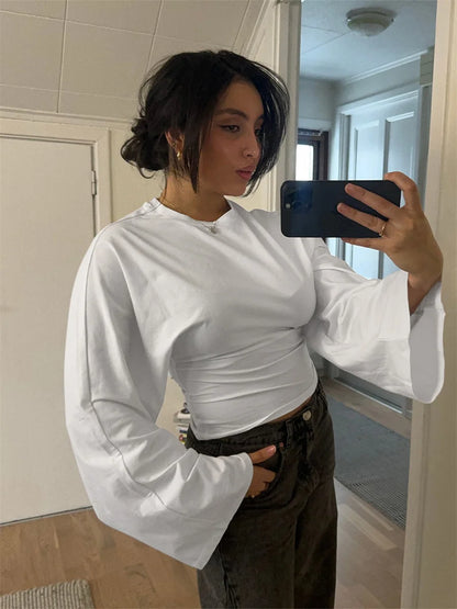 Women Solid Color Round Neck Front Shoulder Wide Long Sleeves Cinched Waist Slim Crop Top Daily Casual Simple Versatile Tops