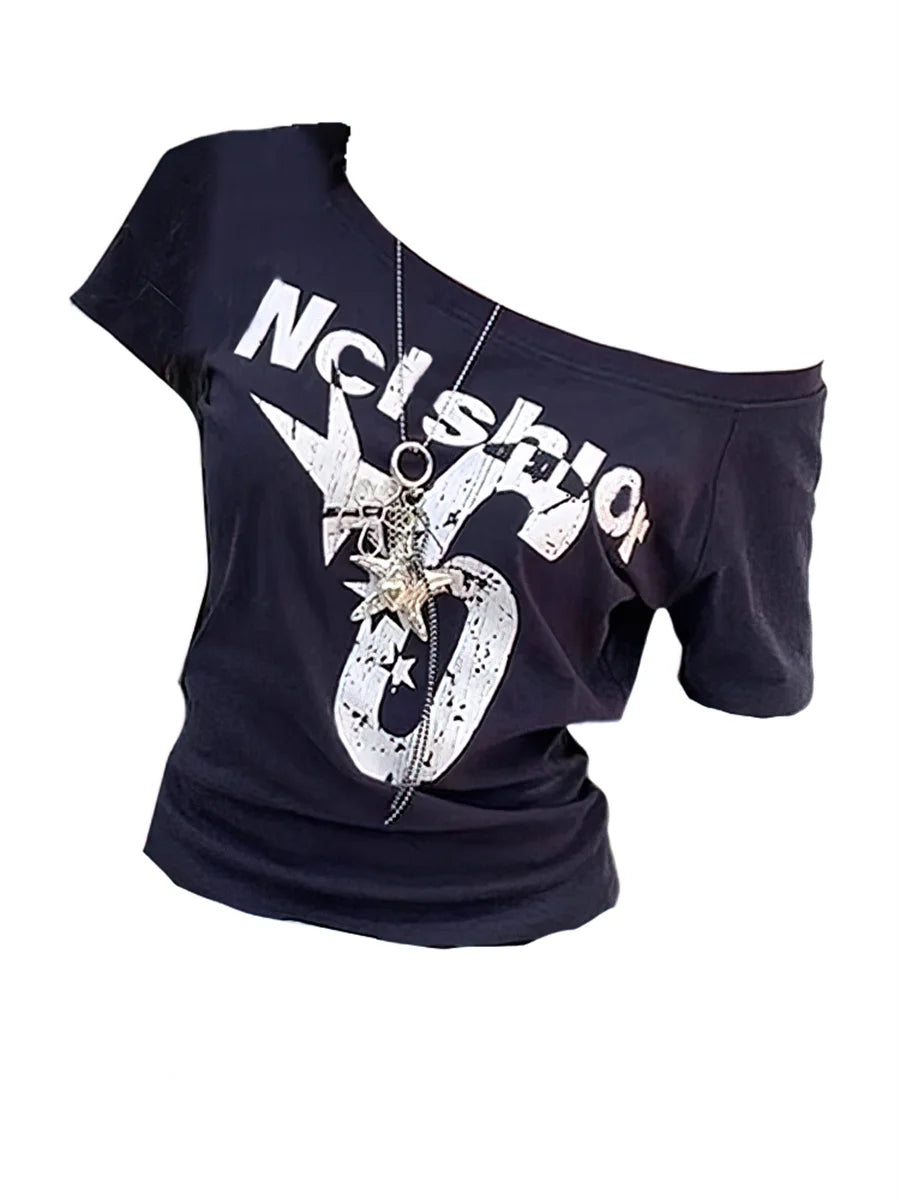 Y2k Sport Summer Off shoulder Top Women Letter Sexy Vintage 2000s Short sleeve T shirt Lady Body Basic Crop Top Female Casual