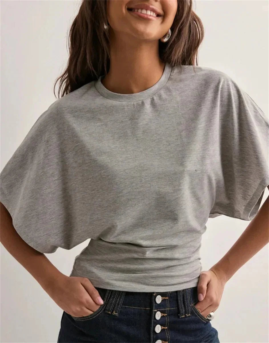 Women Solid Color Round Neck Front Shoulder Wide Long Sleeves Cinched Waist Slim Crop Top Daily Casual Simple Versatile Tops