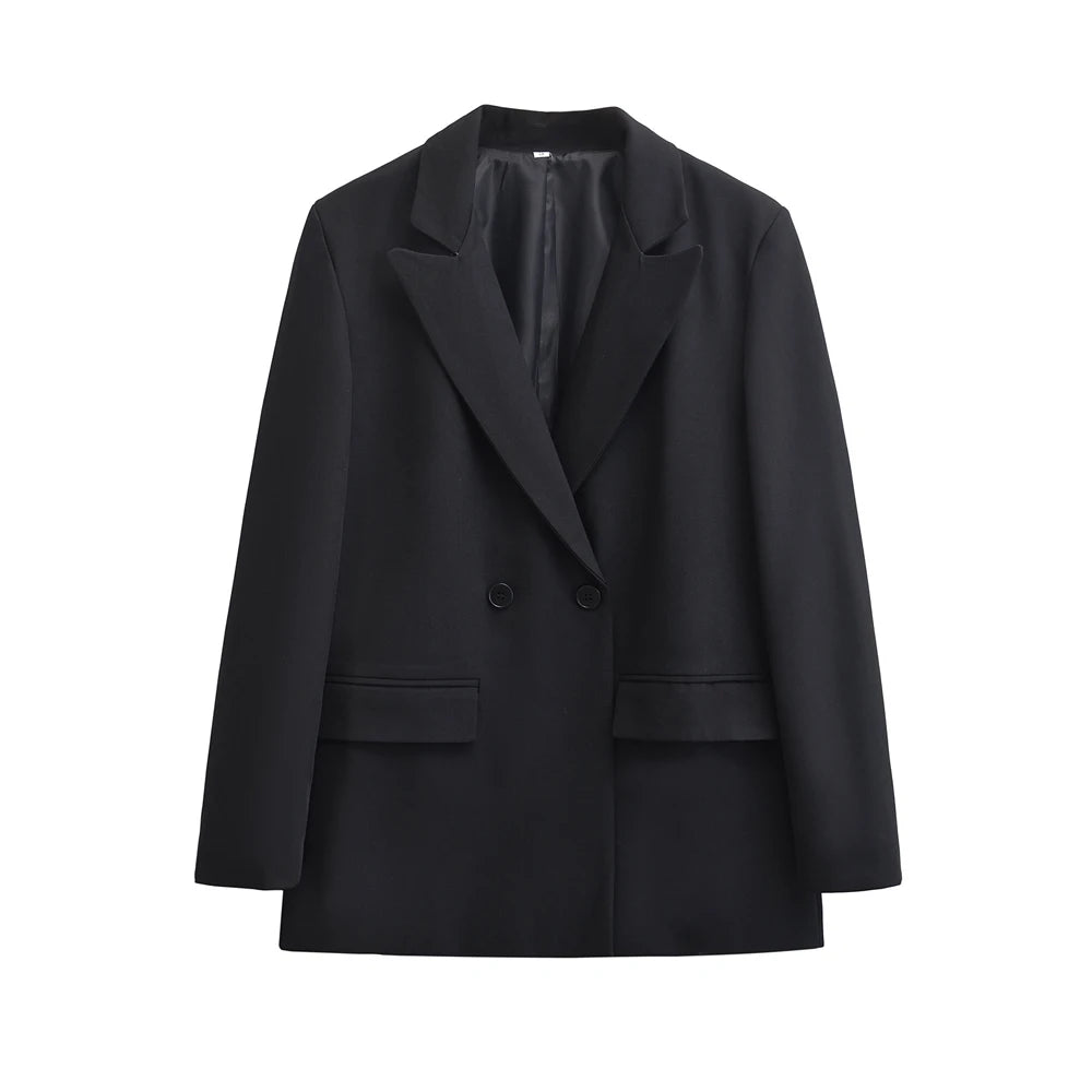 Women's Double Breasted Office Wear Blazer Coat, Long Sleeve, Flap Pockets, Female Outerwear, Chic Tops, Fashion