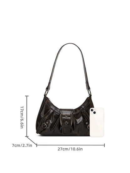 Y2K Retro Style Shoulder Bag, Maillard Pleated Rivet Armpit Bag, Fashionable Ladies Cool Leather Shoulder Bag