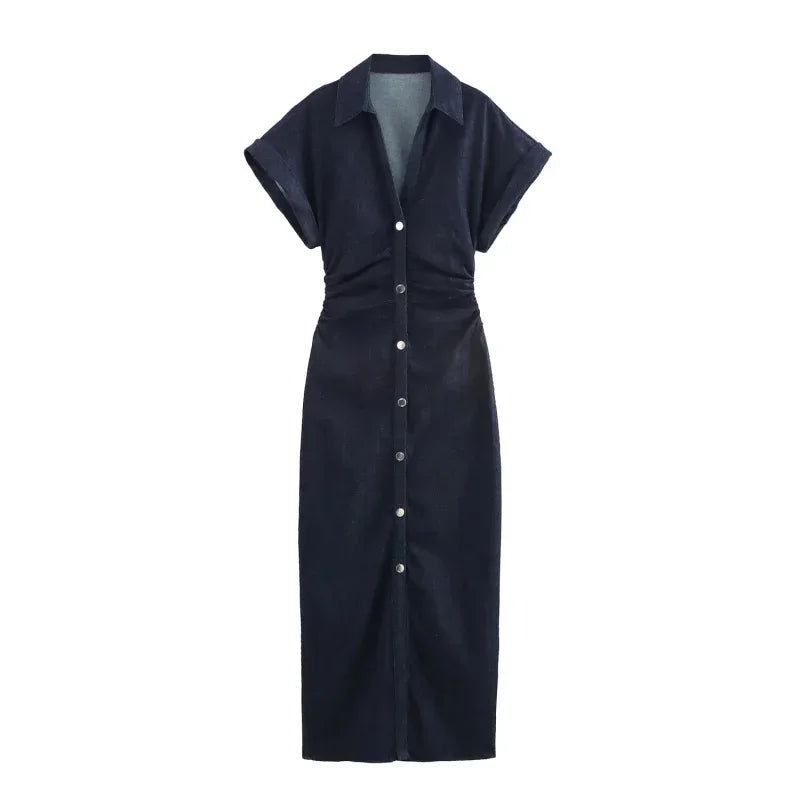 Denim Midi Dress with Lapel Collar