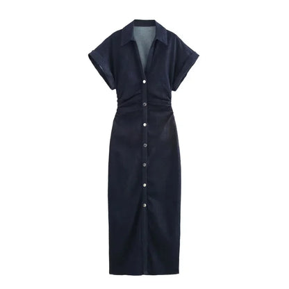Denim Midi Dress with Lapel Collar