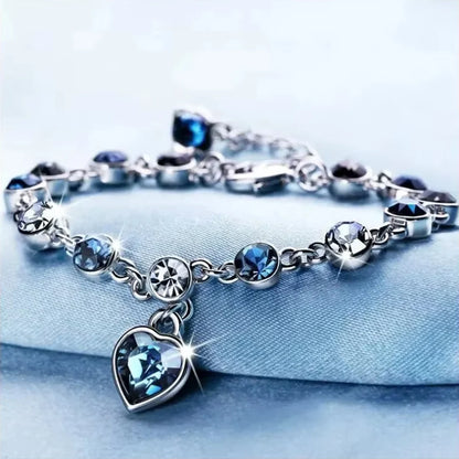 Women Silver Lucky Bracelet with Blue Crystal Heart Charm