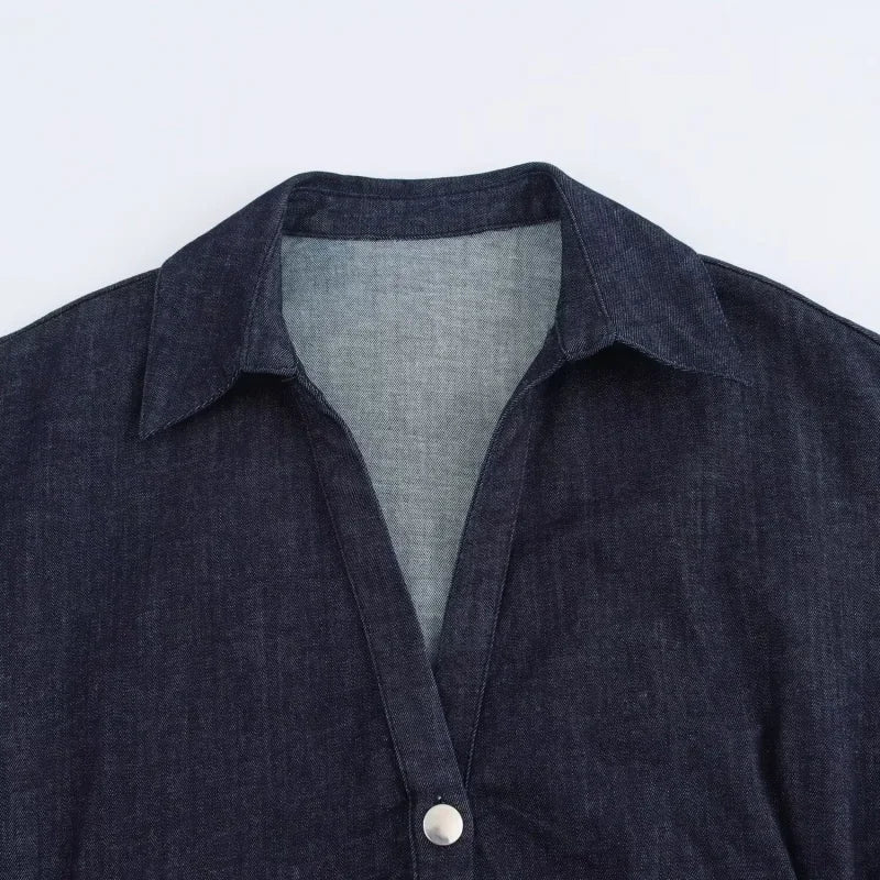 Denim Midi Dress with Lapel Collar