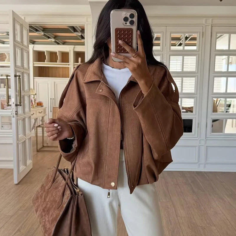 TFMLN Autumn Winter Women Suede Jacket Coat 2025 New Fashion Long Sleeve Zipper Loose Bomber Coat Chic Lady Casual Streetwear