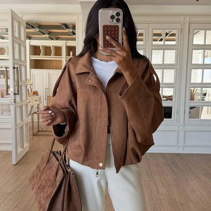 TFMLN Autumn Winter Women Suede Jacket Coat 2025 New Fashion Long Sleeve Zipper Loose Bomber Coat Chic Lady Casual Streetwear