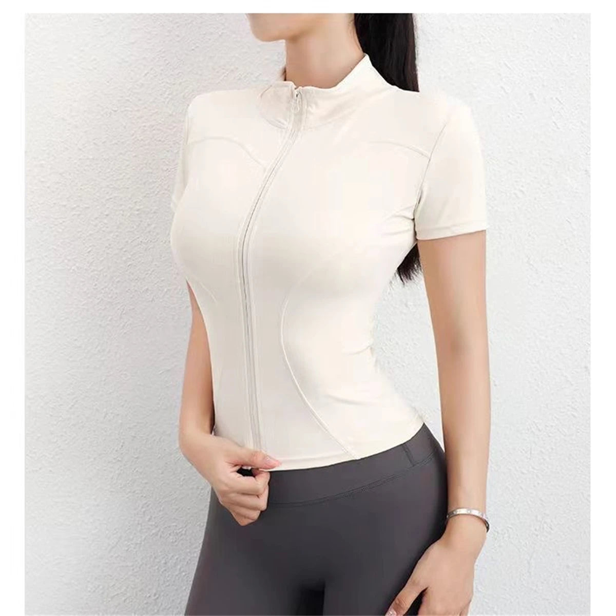 Women Summer Slim Yoga Tops Stand Collar Full Zipper Short Sleeves Shirts Solid Workout Clothes Gym Running Coats Lady Casual