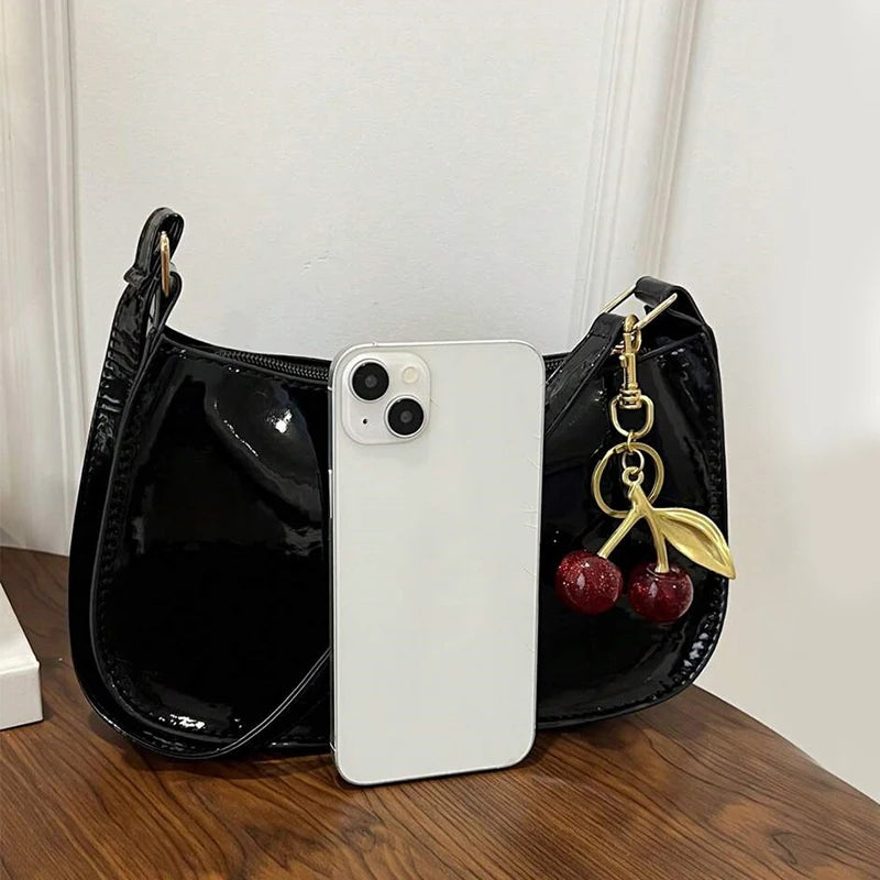 Vintage Retro Shoulder Bag for Women PU Leather Underarm Crossbody Ladies Casual Handbag Purse with Cherry Pendant