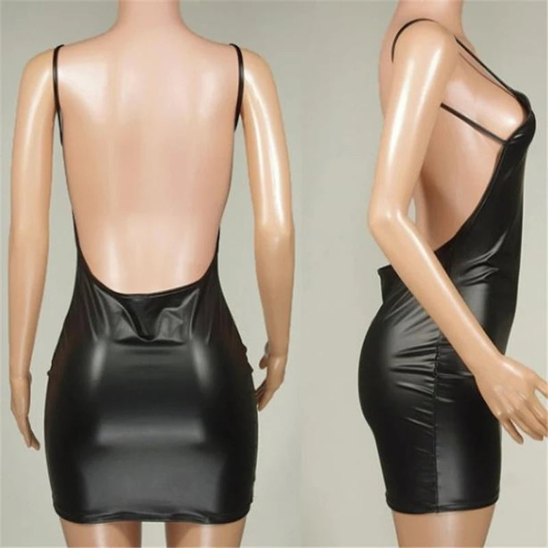 Faux Leather Backless Bodycon Mini Dress