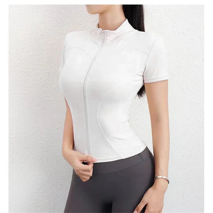 Women Summer Slim Yoga Tops Stand Collar Full Zipper Short Sleeves Shirts Solid Workout Clothes Gym Running Coats Lady Casual