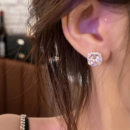 2pc Shiny Imitation Diamond Alloy Earrings Square Large Round Glass Rhinestone Women's Light Luxury Silvery Temperament Jewelry