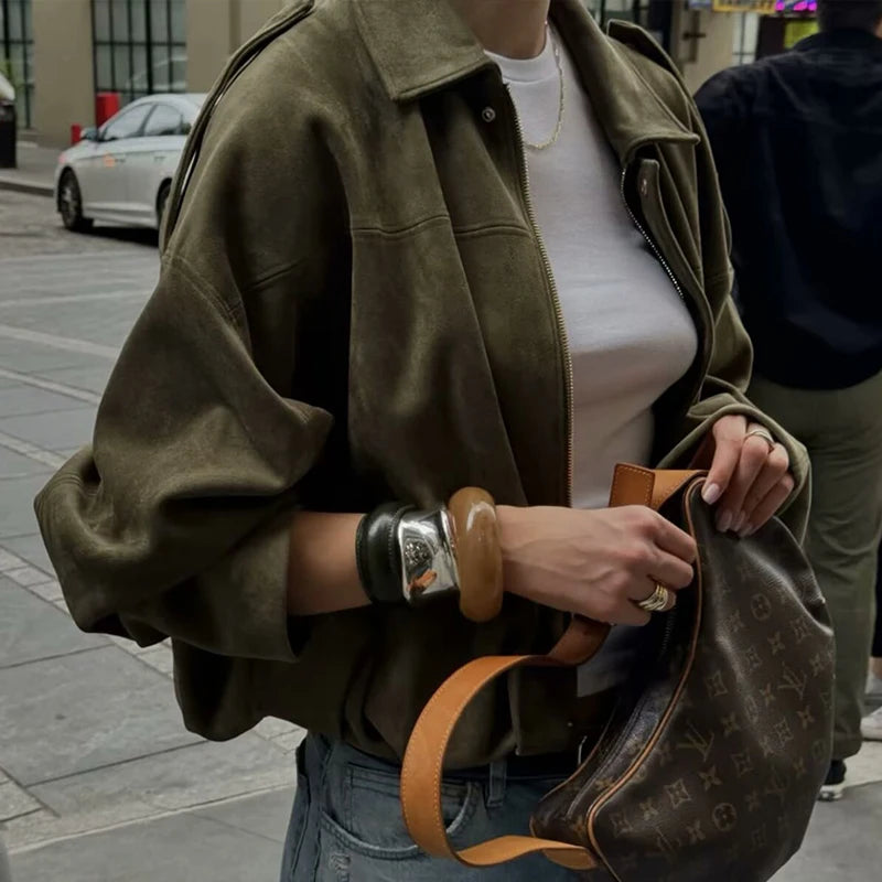 TFMLN Autumn Winter Women Suede Jacket Coat 2025 New Fashion Long Sleeve Zipper Loose Bomber Coat Chic Lady Casual Streetwear