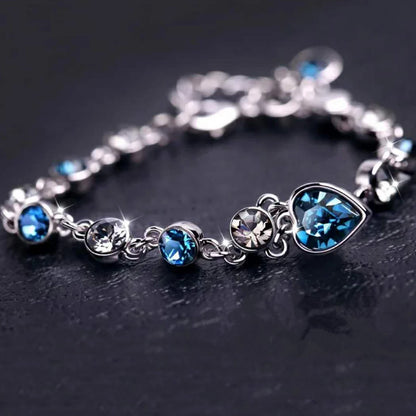 Women Silver Lucky Bracelet with Blue Crystal Heart Charm
