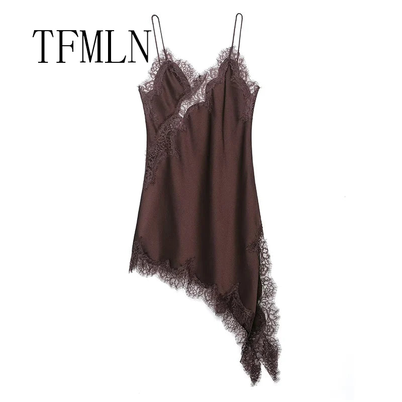 TFMLN Women Sexy Lace Splicing Dresses Summer Solid Sleeveless Asymmetry Dress Backless Slim Women's  Party Sling Mini Dress