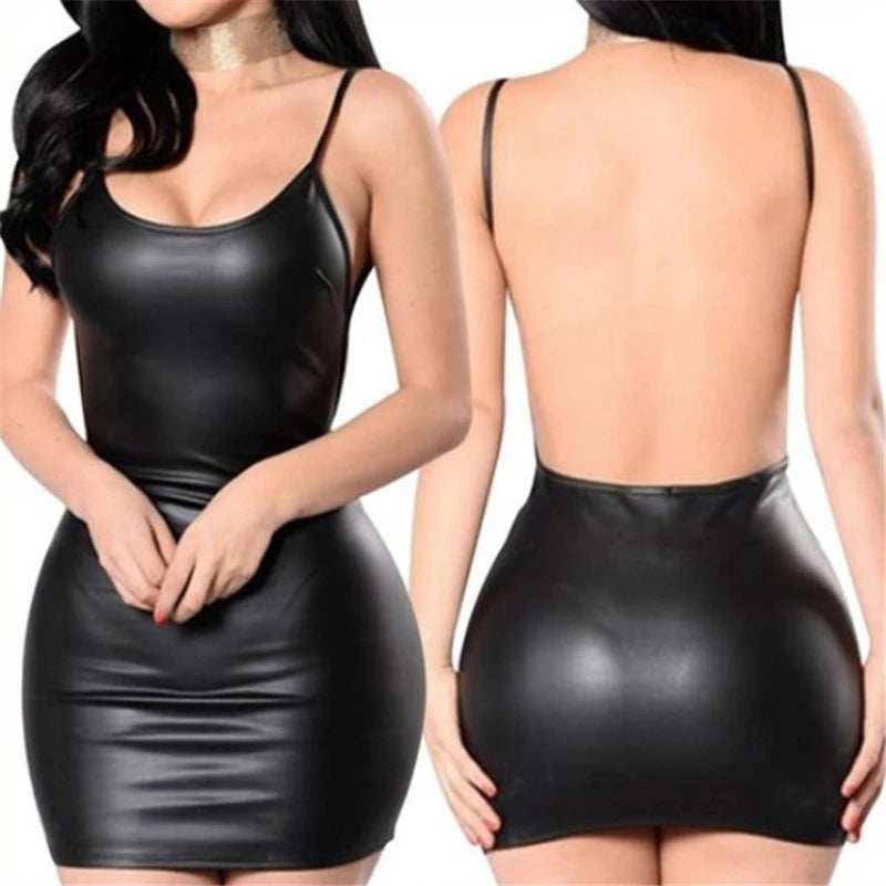 Faux Leather Backless Bodycon Mini Dress