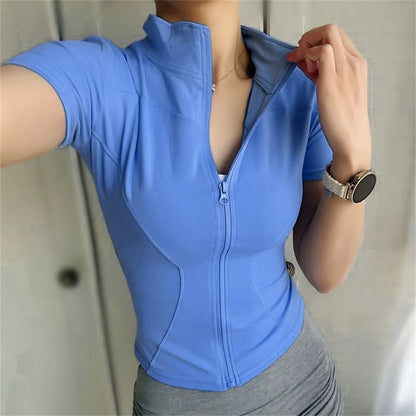 Women Summer Slim Yoga Tops Stand Collar Full Zipper Short Sleeves Shirts Solid Workout Clothes Gym Running Coats Lady Casual