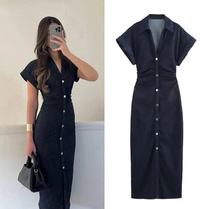 Denim Midi Dress with Lapel Collar